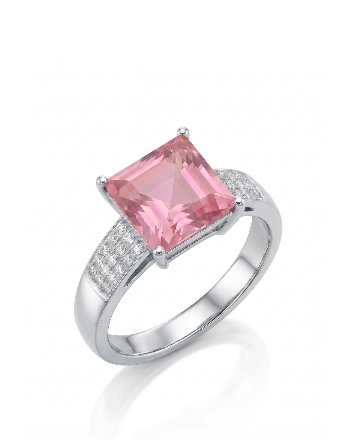 Pink tourmaline ring with princess-cut center stone and three-row diamonds in polished platinum | SARATTI