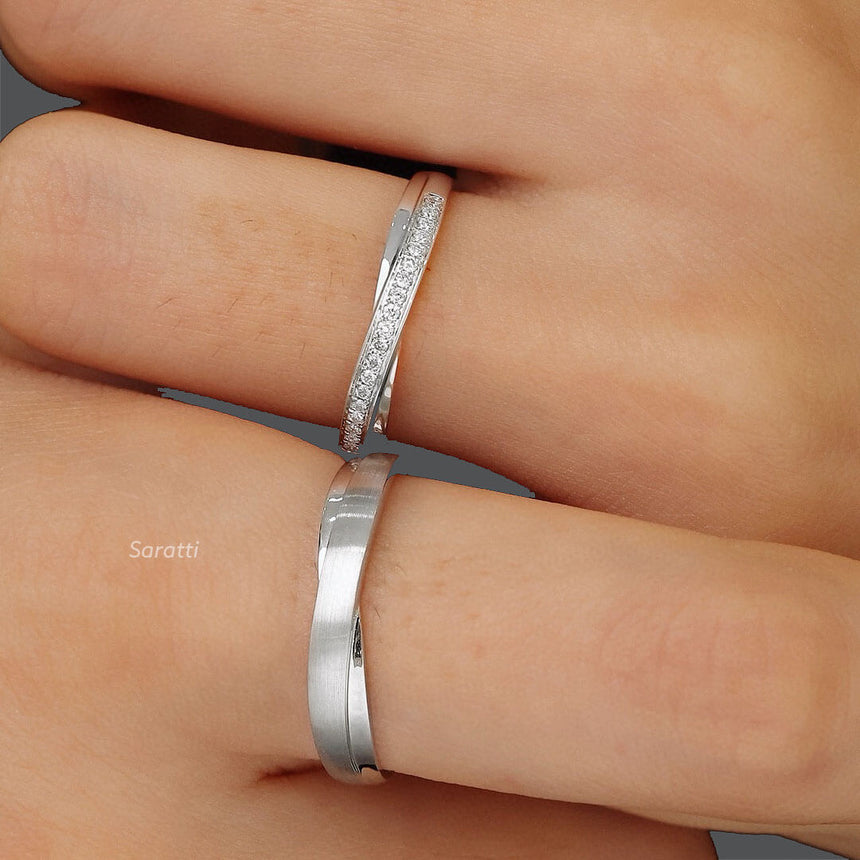 Model Wears the Platinum Classic Diamond Half Eternity Band Pair | Saratti