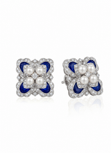 Platinum natural blue sapphire Akoya pearl diamond floral stud earrings | SARATTI