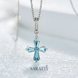 Platinum Aquamarine Cross Necklace with Excellent Cut stones - SARATTI