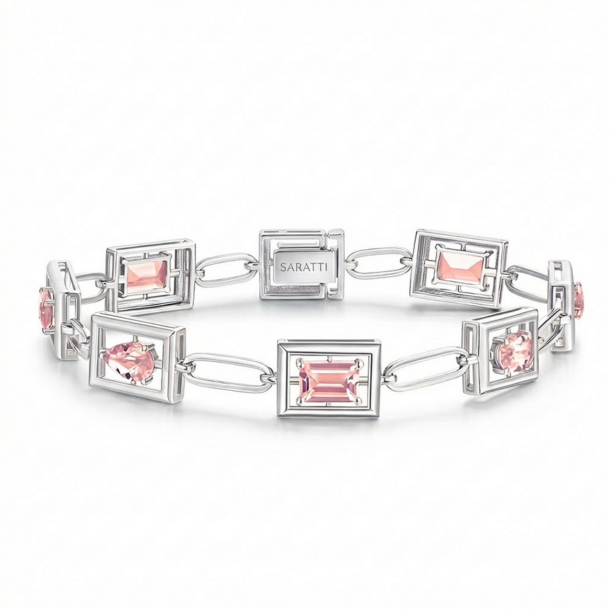 Platinum Jewelry - Platinum and Natural Morganite Gemstone Bracelet - 3.5ct_Morganite_Bracelet_in_Platinum_Emerald_Oval_and_Pear_Stones_SARATTI