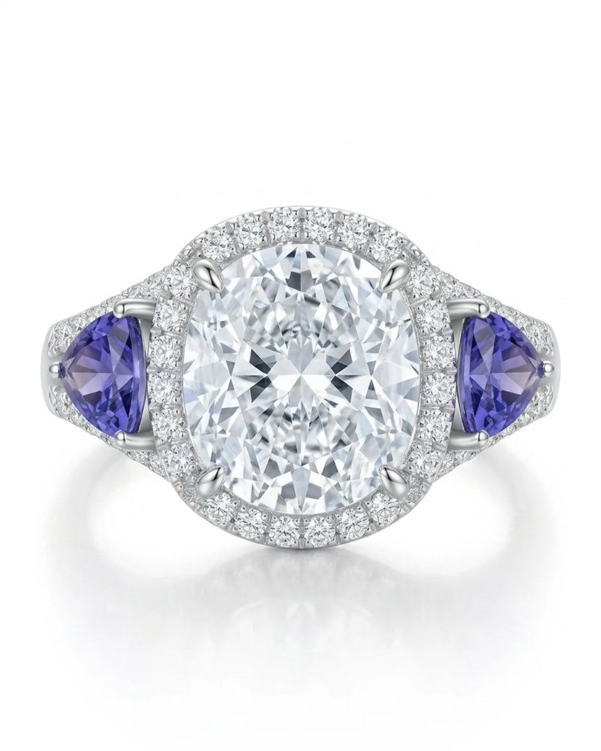 Platinum cushion moissanite and tanzanite ring for elegant proposal moments | SARATTI