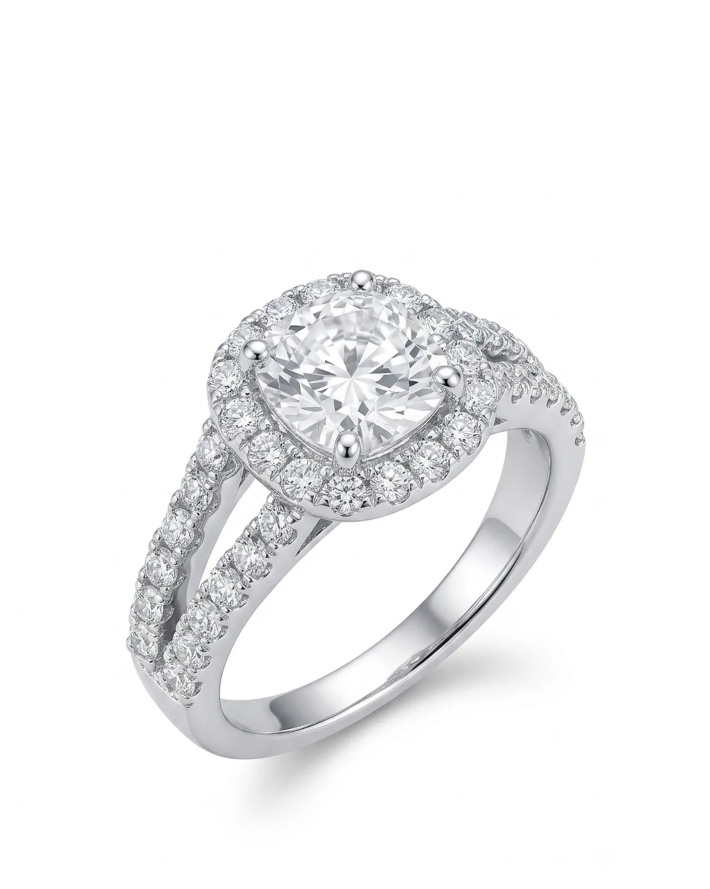 Platinum cushion moissanite engagement ring with halo, split shank, and matching wedding band | SARATTI