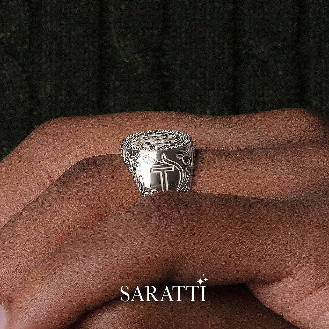 Platinum diamond halo signet ring with personalized crest | SARATTI