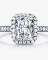 Platinum halo moissanite engagement ring designed for a confident modern proposal | SARATTI