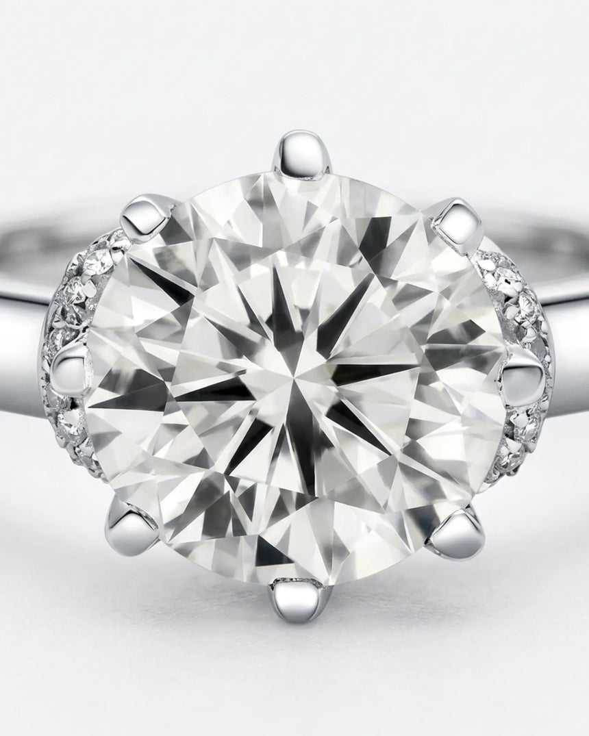 Platinum moissanite engagement ring for a timeless proposal with hidden halo detail | SARATTI