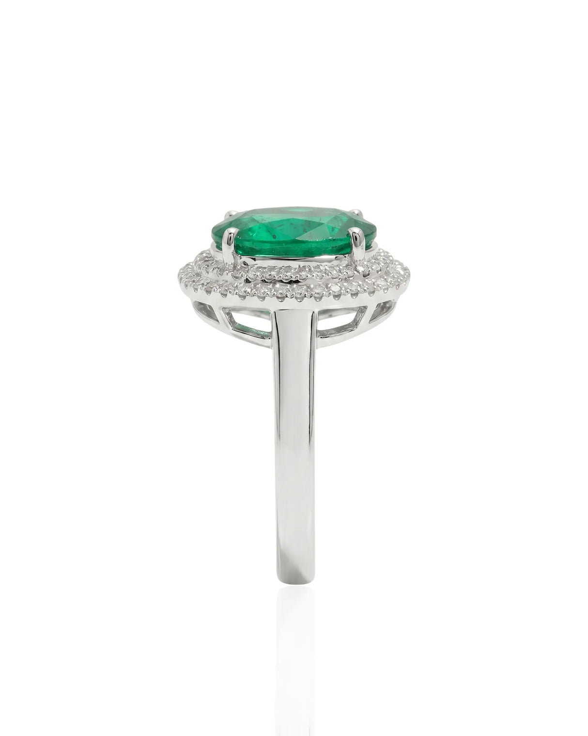 Platinum natural emerald diamond halo ring with deep green center stone | SARATTI