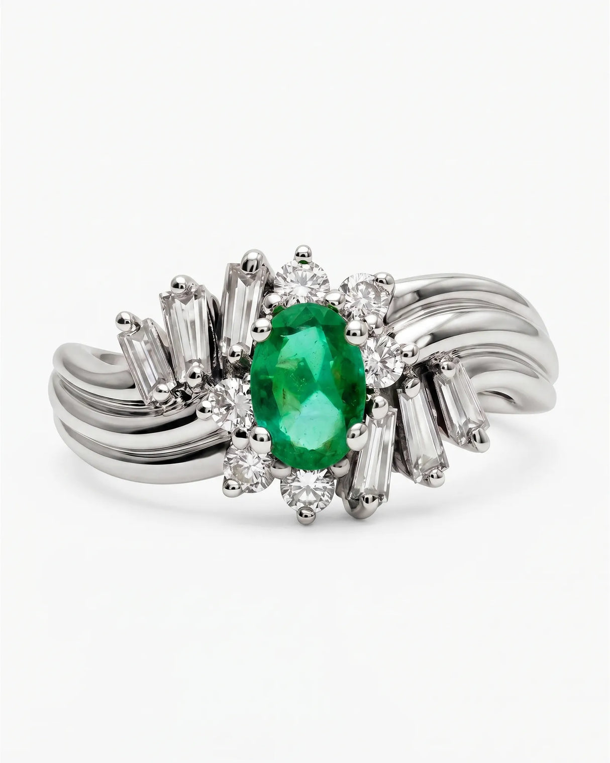 Platinum natural emerald ring with asymmetrical diamond halo design | SARATTI