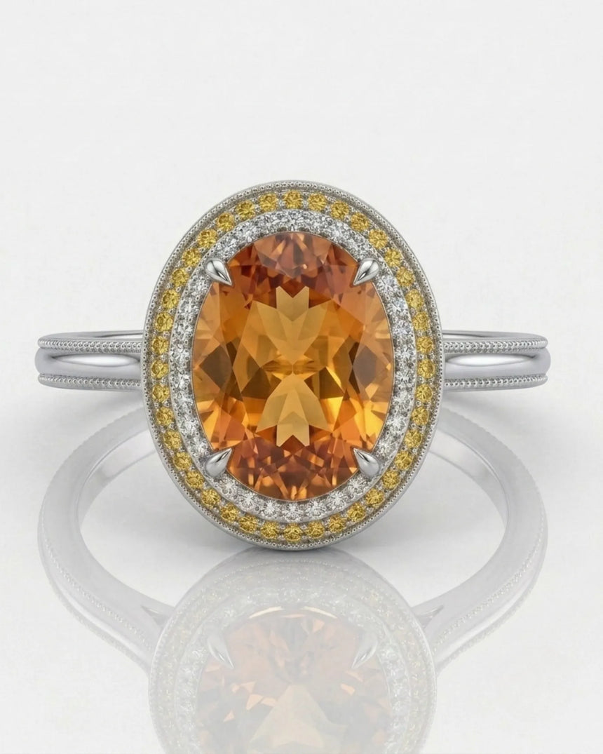 Platinum oval Topaz setting with orange sapphire outer halo | SARATTI