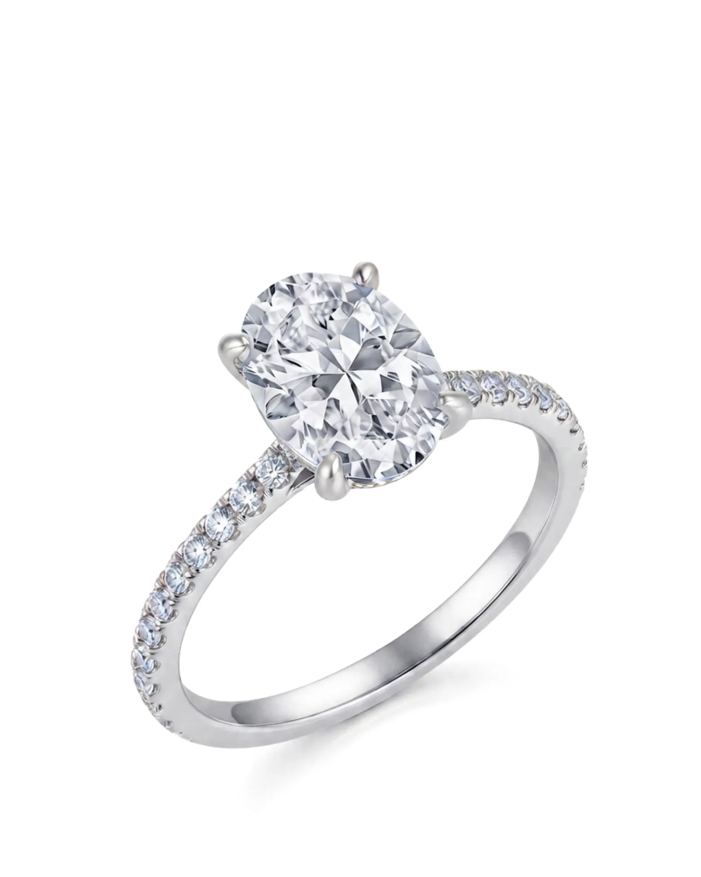 Platinum oval moissanite engagement ring with hidden halo and pavé-set shoulders | SARATTI