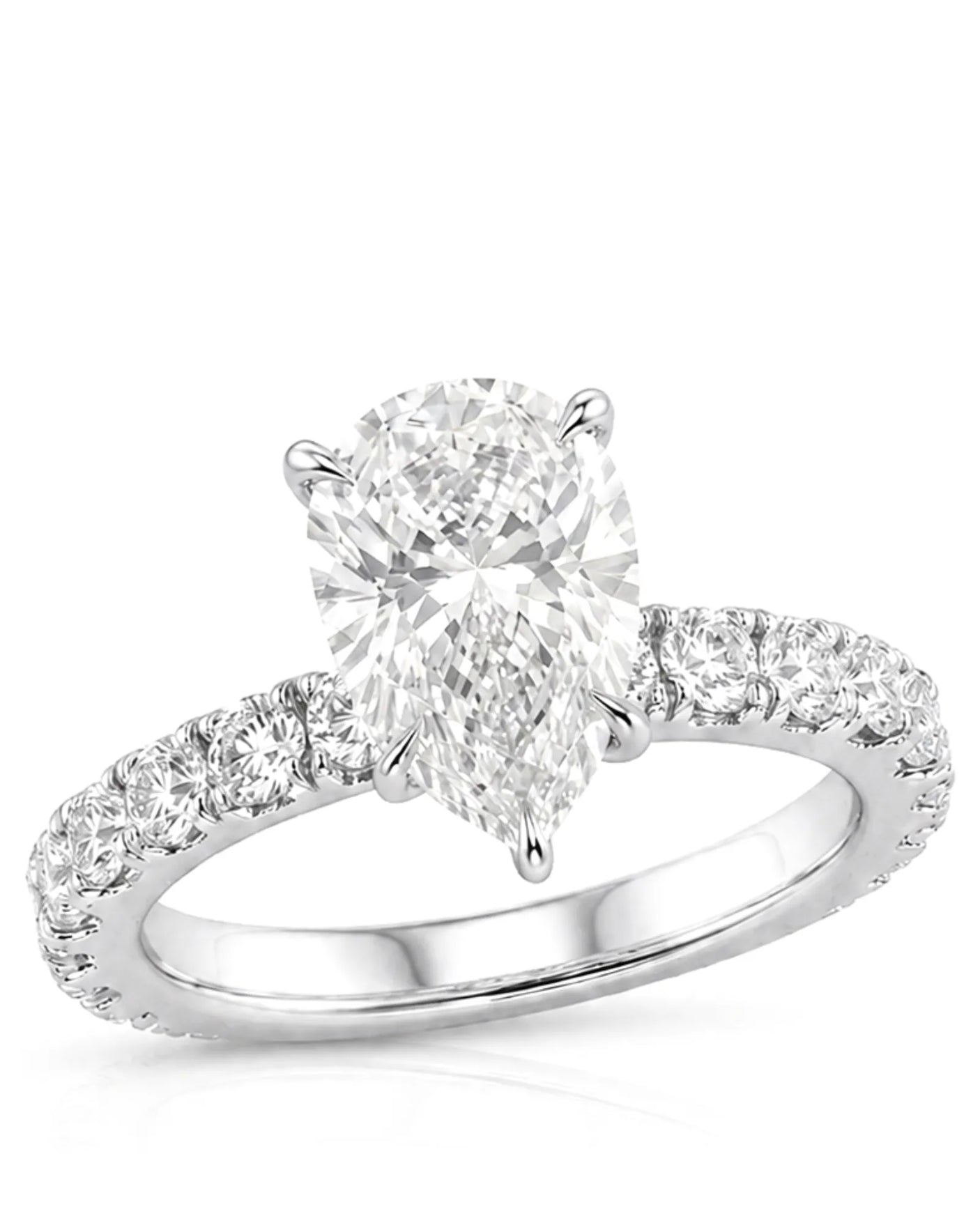 Platinum pear cut moissanite engagement ring with round side stones and slim polished band | SARATTI