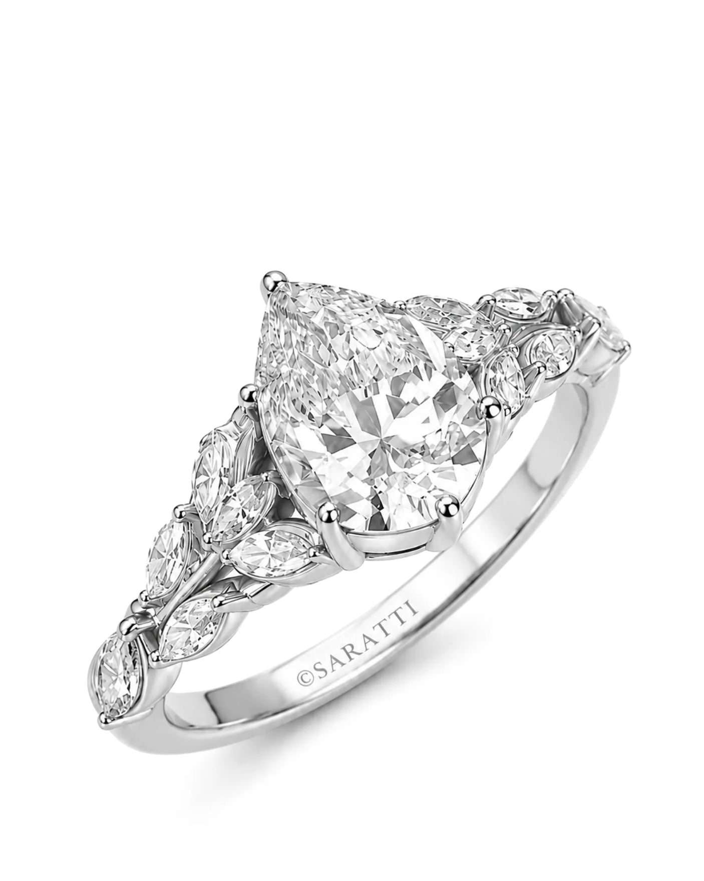 Platinum pear shaped moissanite ring with marquise side stones and vintage vine design | SARATTI