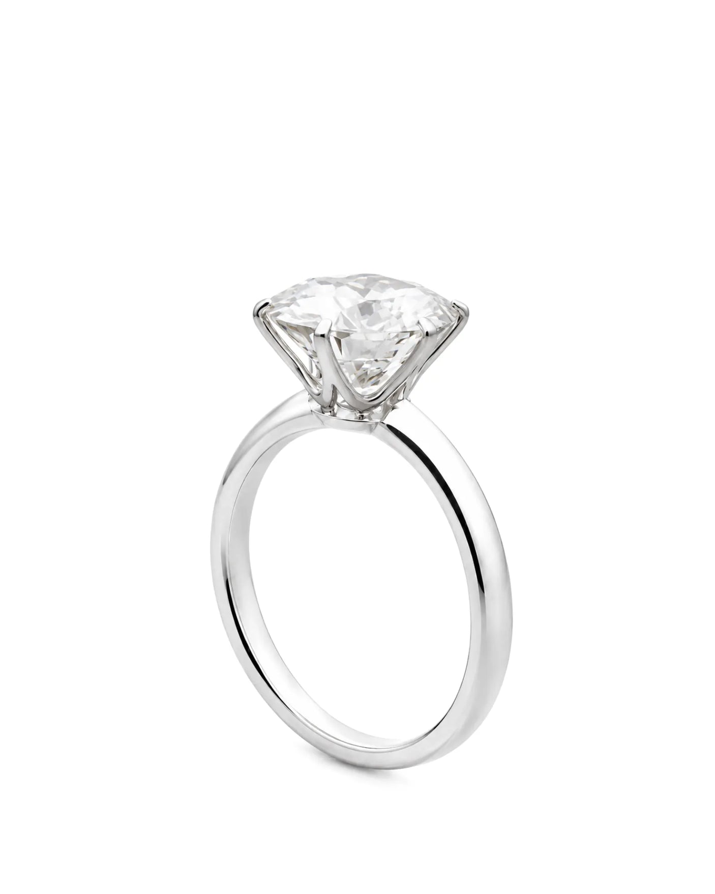 Platinum round moissanite engagement ring with six-prong solitaire setting and polished band | SARATTI