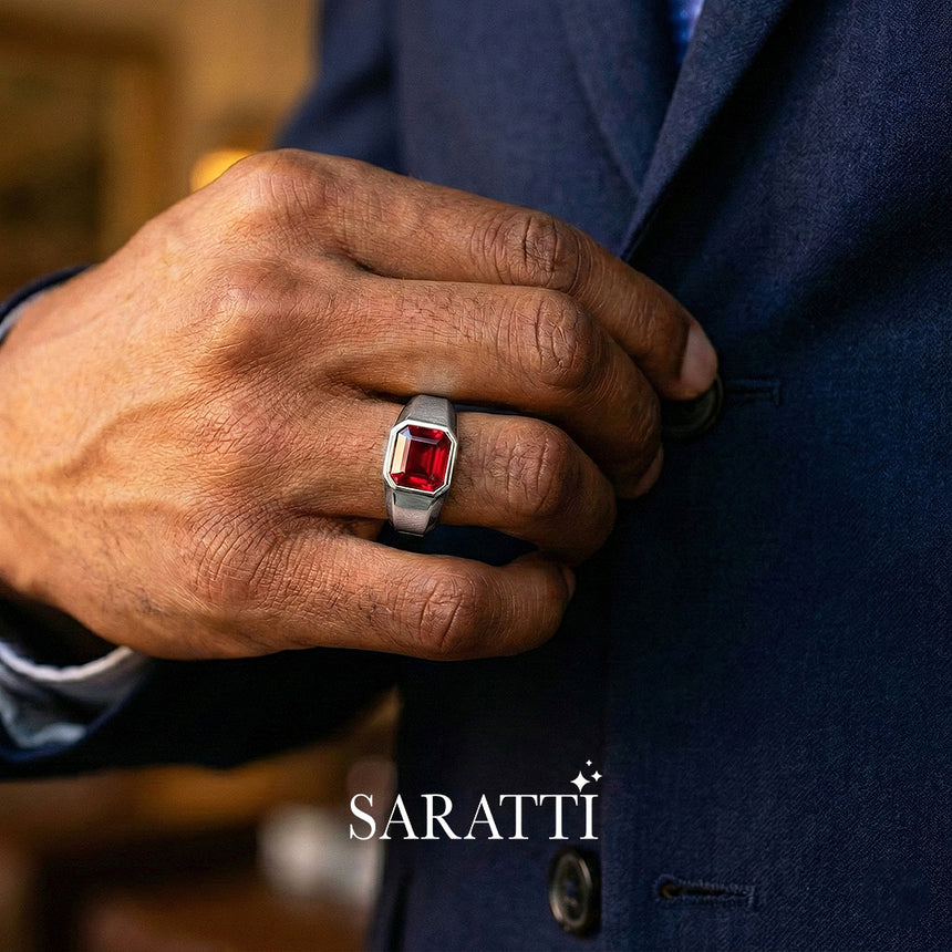 Platinum sovereign men’s garnet ring step cut center signet band | SARATTI