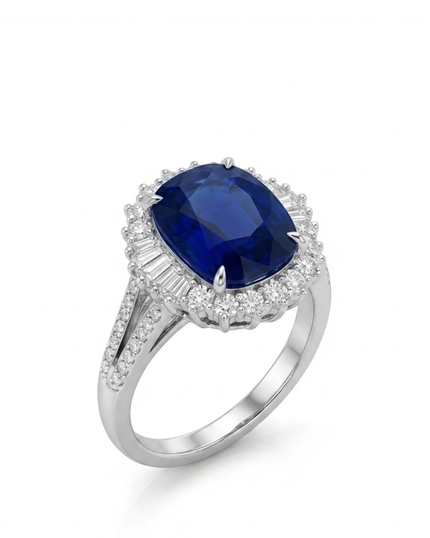 Platinum unheated cushion sapphire ring with mixed diamond halo, split shank, and elevated profile | SARATTI