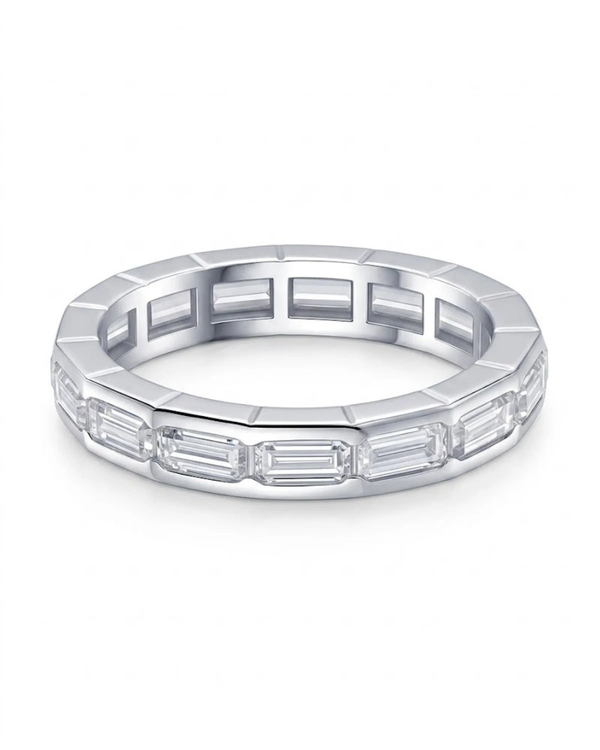 Platinum wedding band featuring emerald-cut diamonds in a sleek geometric bezel-set eternity design | SARATTI