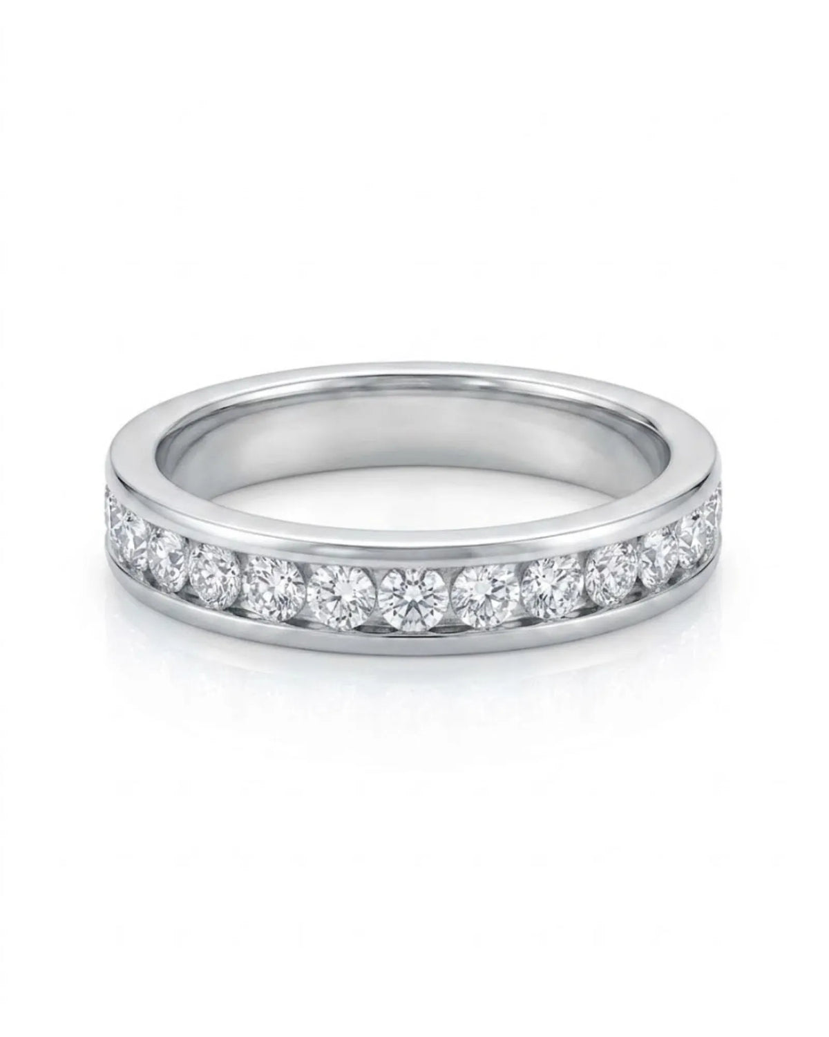 Platinum wedding ring set featuring round natural diamonds channel set around the female full eternity band | SARATTI