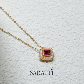 Red Citadel Ruby Pendant with Diamond Halo  | Saratti Fine Jewelry 