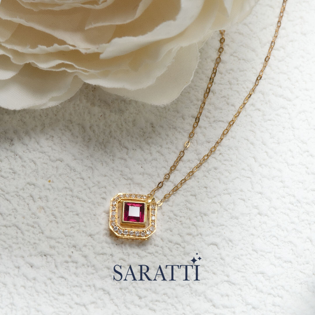 Yellow Gold Dainty Chain Red Citadel Ruby Pendant | Saratti Fine Jewelry 
