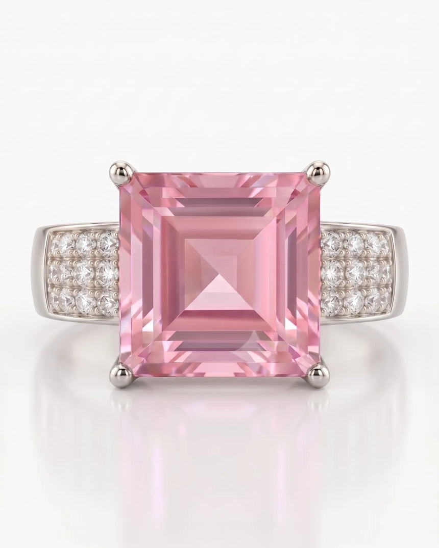 Princess-cut pink tourmaline ring with round brilliant diamonds in timeless platinum - SARATTI