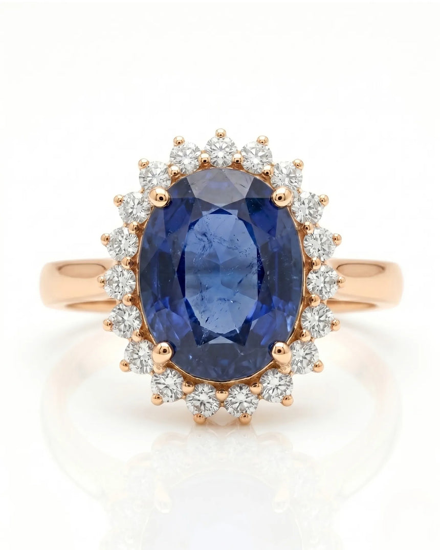 Princess Diana-inspired sapphire ring with classic diamond halo in rose gold - SARATTI