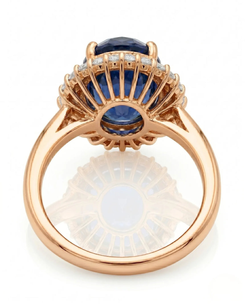 Princess Diana-inspired sapphire ring with classic diamond halo in rose gold | SARATTI