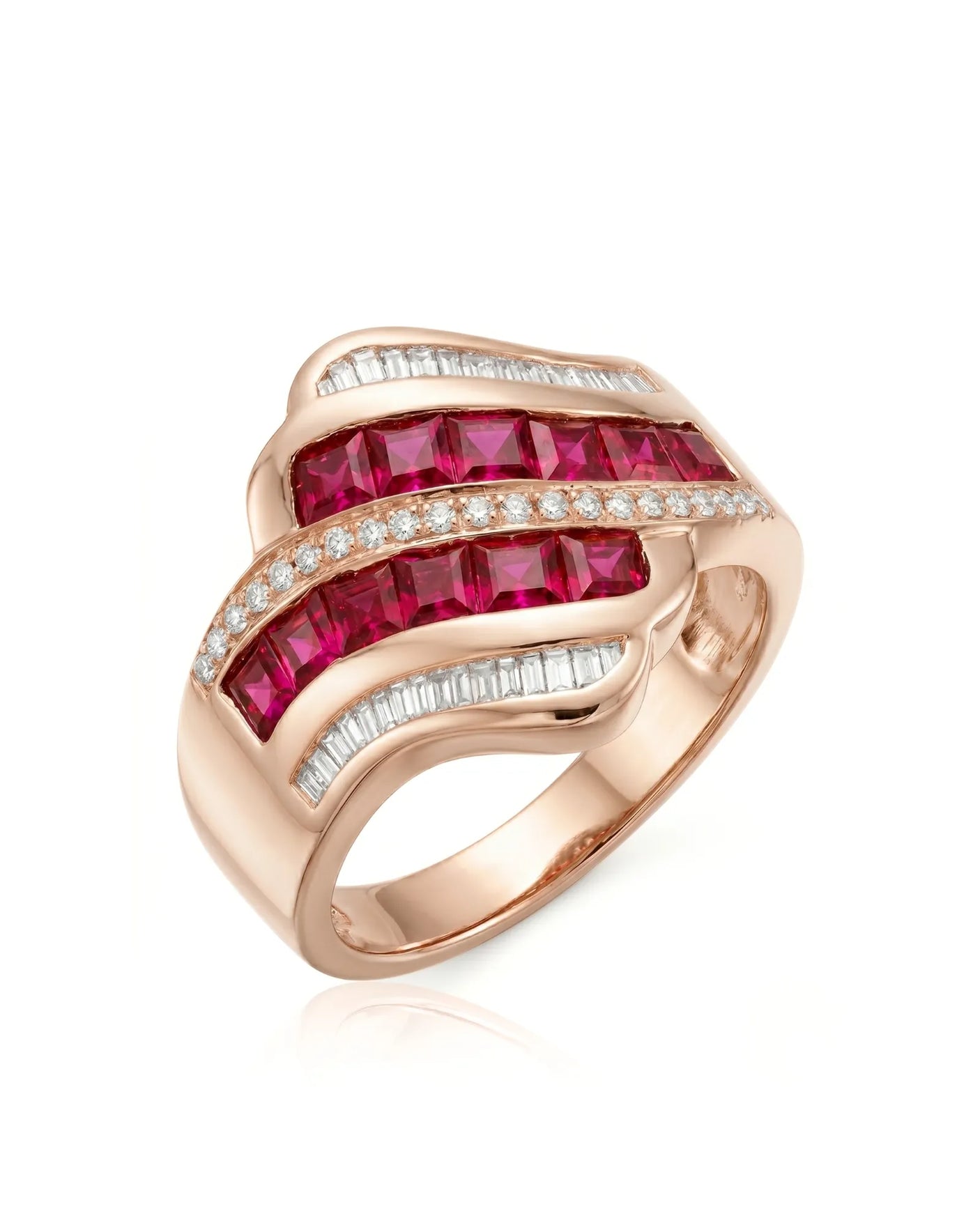 Princess ruby ring with flowing diamond channels in polished 18K rose gold | SARATTI