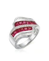 Princess ruby ring with flowing diamond channels in polished 18K white gold | SARATTI