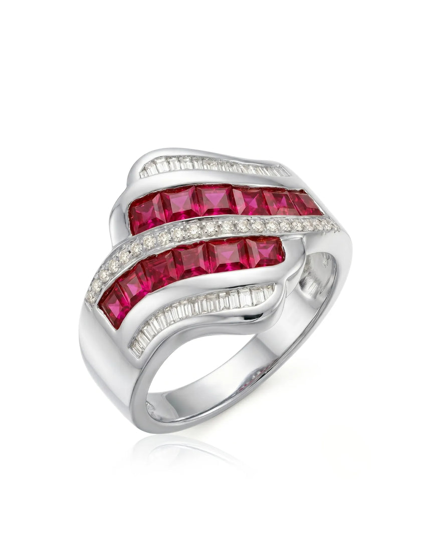 Princess ruby ring with flowing diamond channels in polished 18K white gold | SARATTI