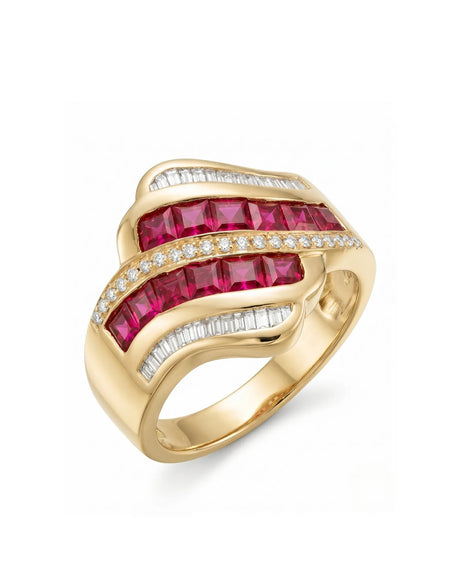 Princess ruby ring with flowing diamond channels in polished 18K yellow gold | SARATTI
