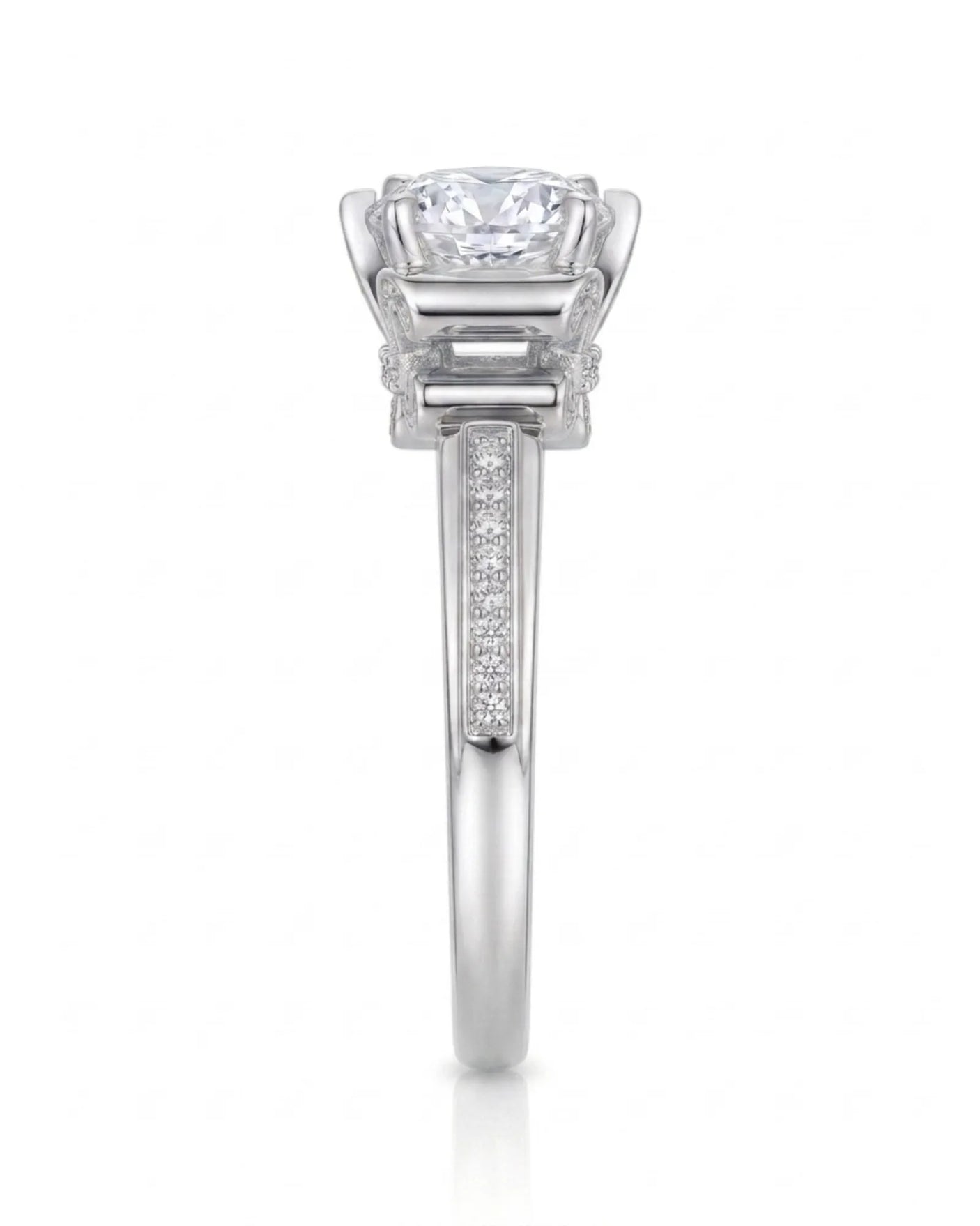 Profile view of round moissanite ring with pavé stones and sculpted fleur-de-lis gallery in polished platinum | SARATTI