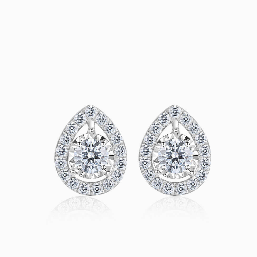 Minimalist Prong Set Tear Drop Tiny Diamond Stud Earrings in White Gold  | Saratti | Custom High and Fine Jewelry 