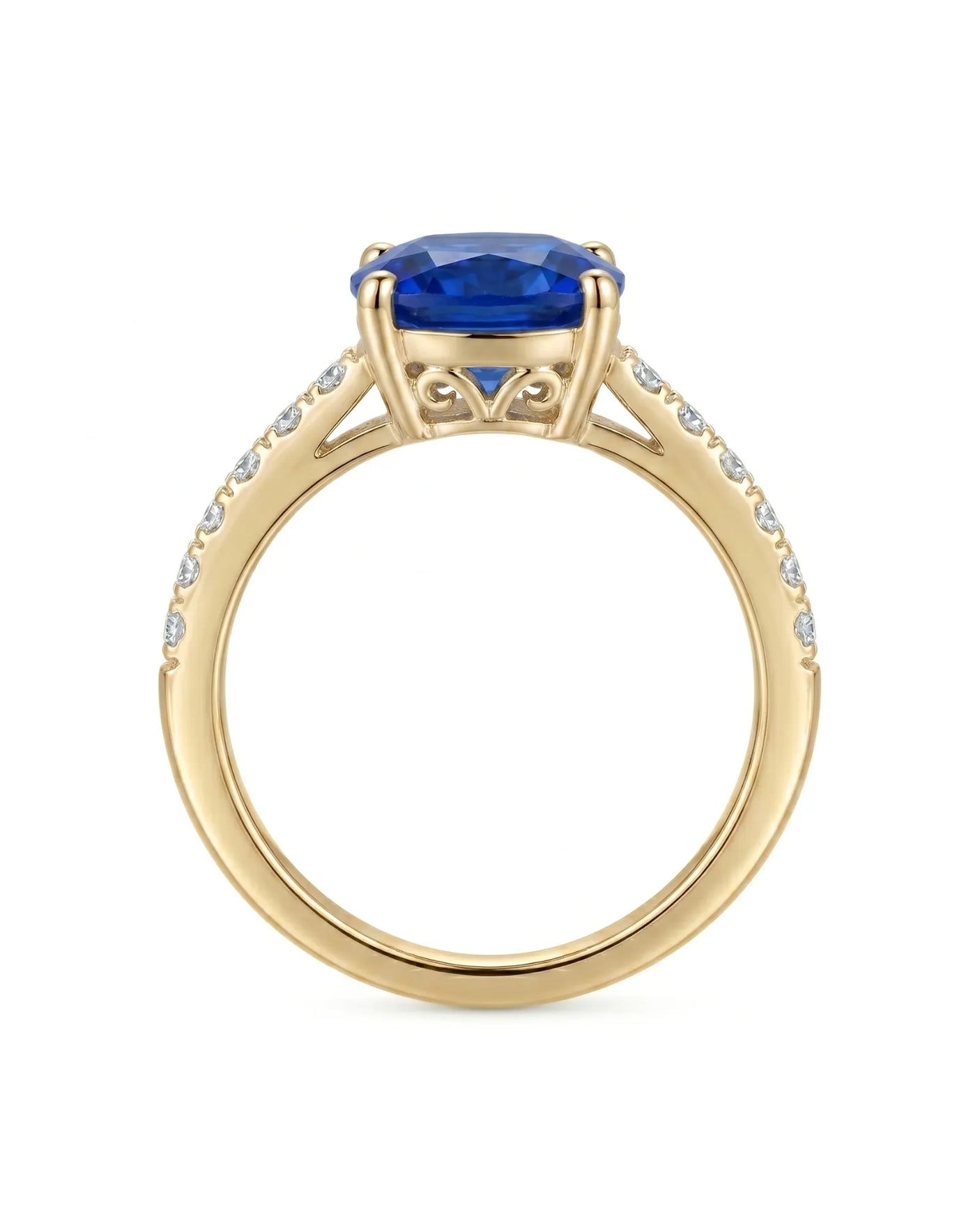 Prong set blue sapphire ring with minimalist diamond band in 18K yellow gold | SARATTI