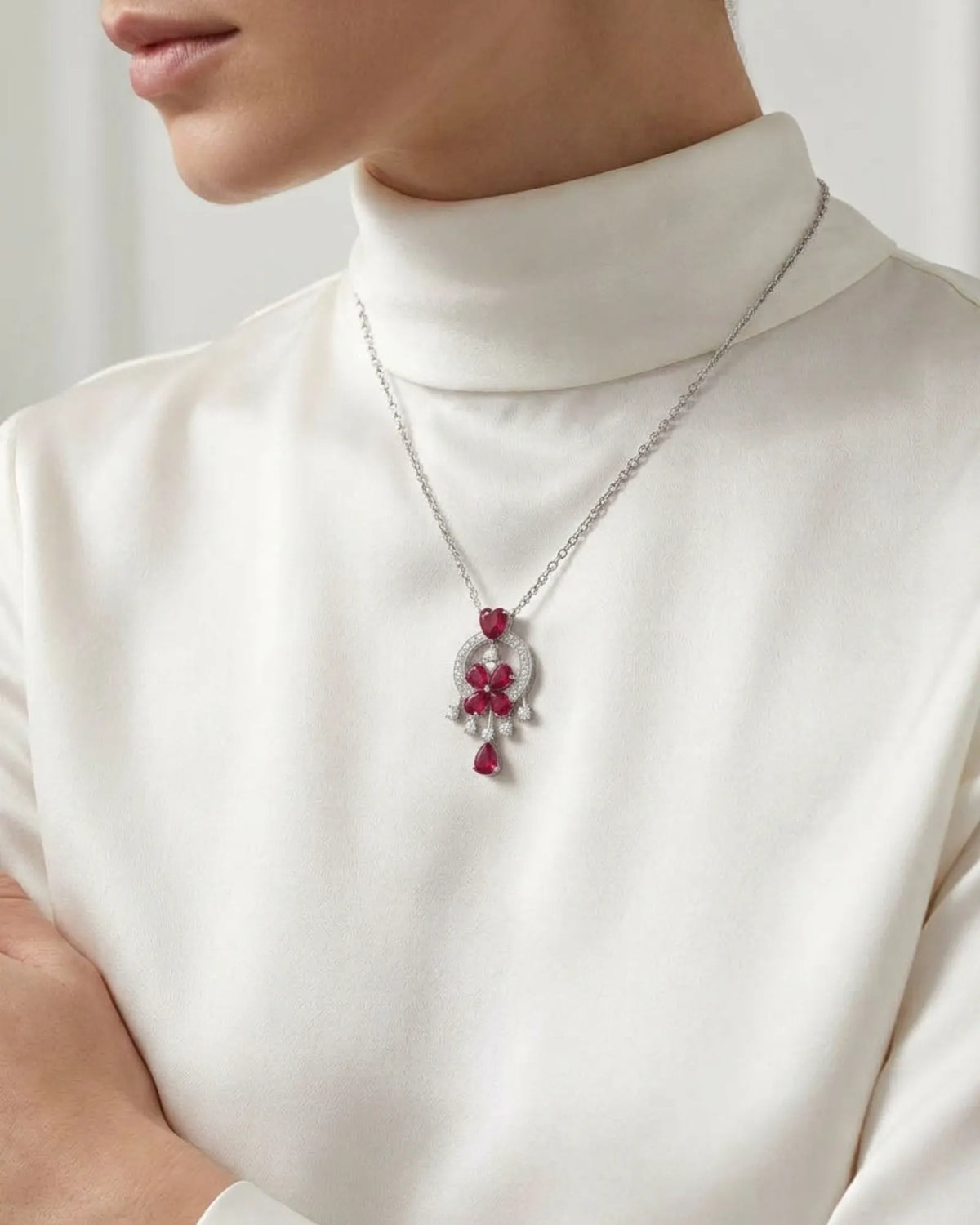 Pt950 platinum dreamcatcher pendant with diamond circle and suspended ruby drop | SARATTI
