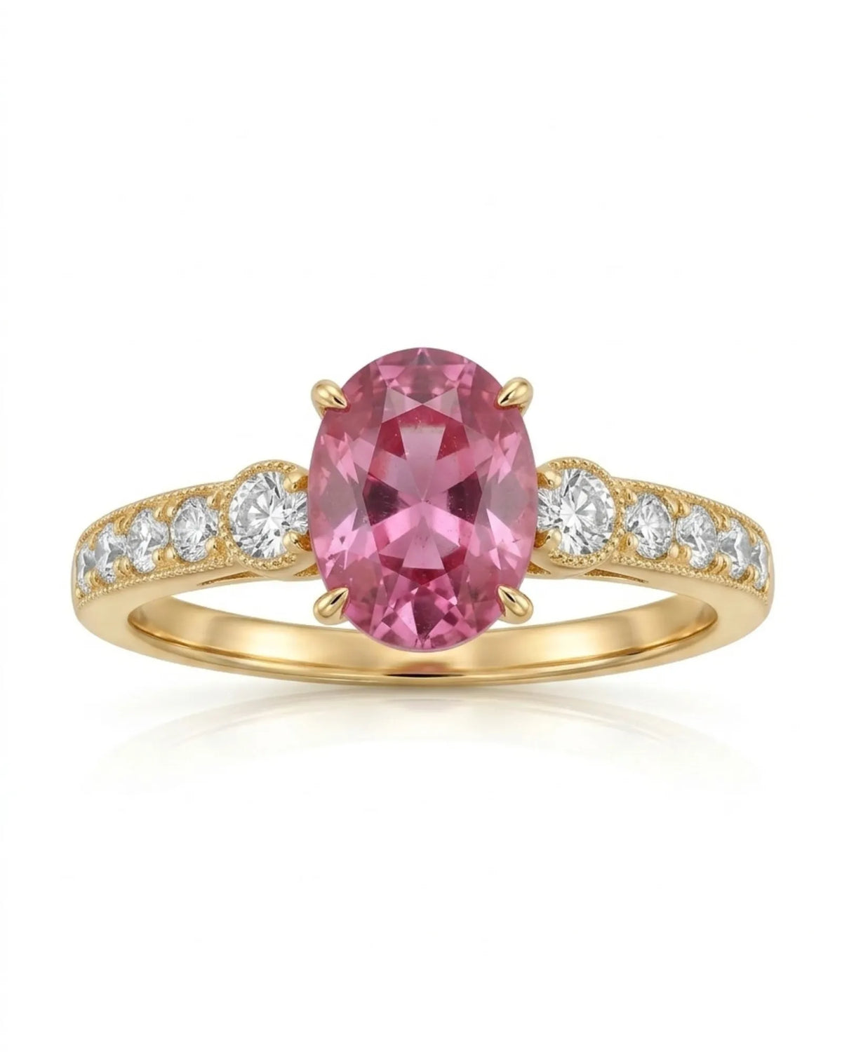 Purple oval sapphire engagement style ring with diamond shoulders in polished 18K yellow gold - SARATTI