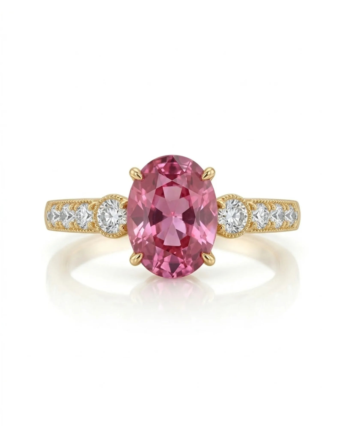 Purple oval sapphire engagement style ring with diamond shoulders in polished 18K yellow gold | SARATTI