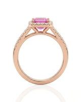Purple sapphire and diamond engagement ring with geometric halo in rose gold | SARATTI