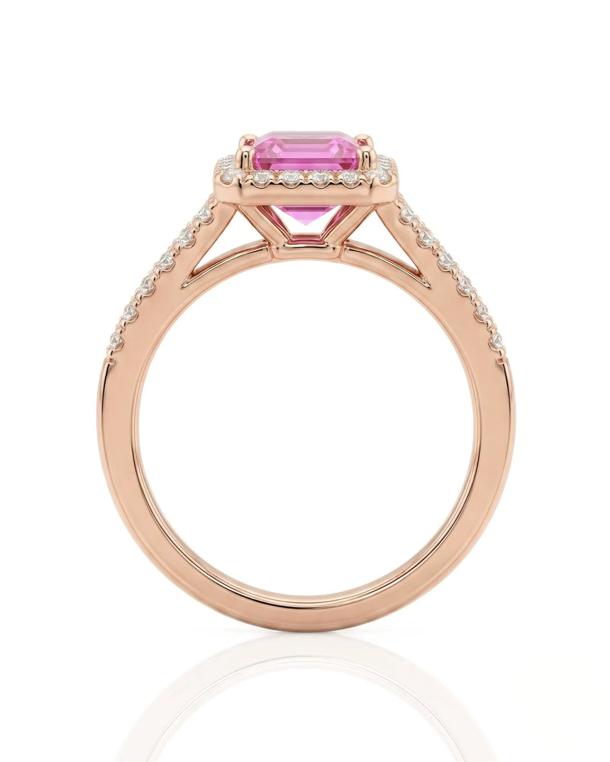 Purple sapphire and diamond engagement ring with geometric halo in rose gold | SARATTI
