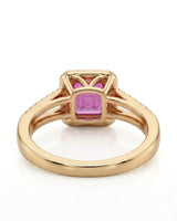 Purple sapphire and diamond engagement ring with geometric halo in yellow gold | SARATTI