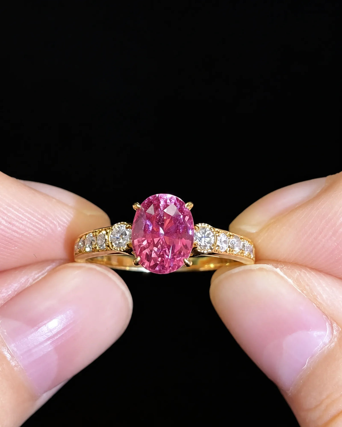 Purple sapphire diamond ring in 18K yellow gold with raised prong setting and open gallery - SARATTI