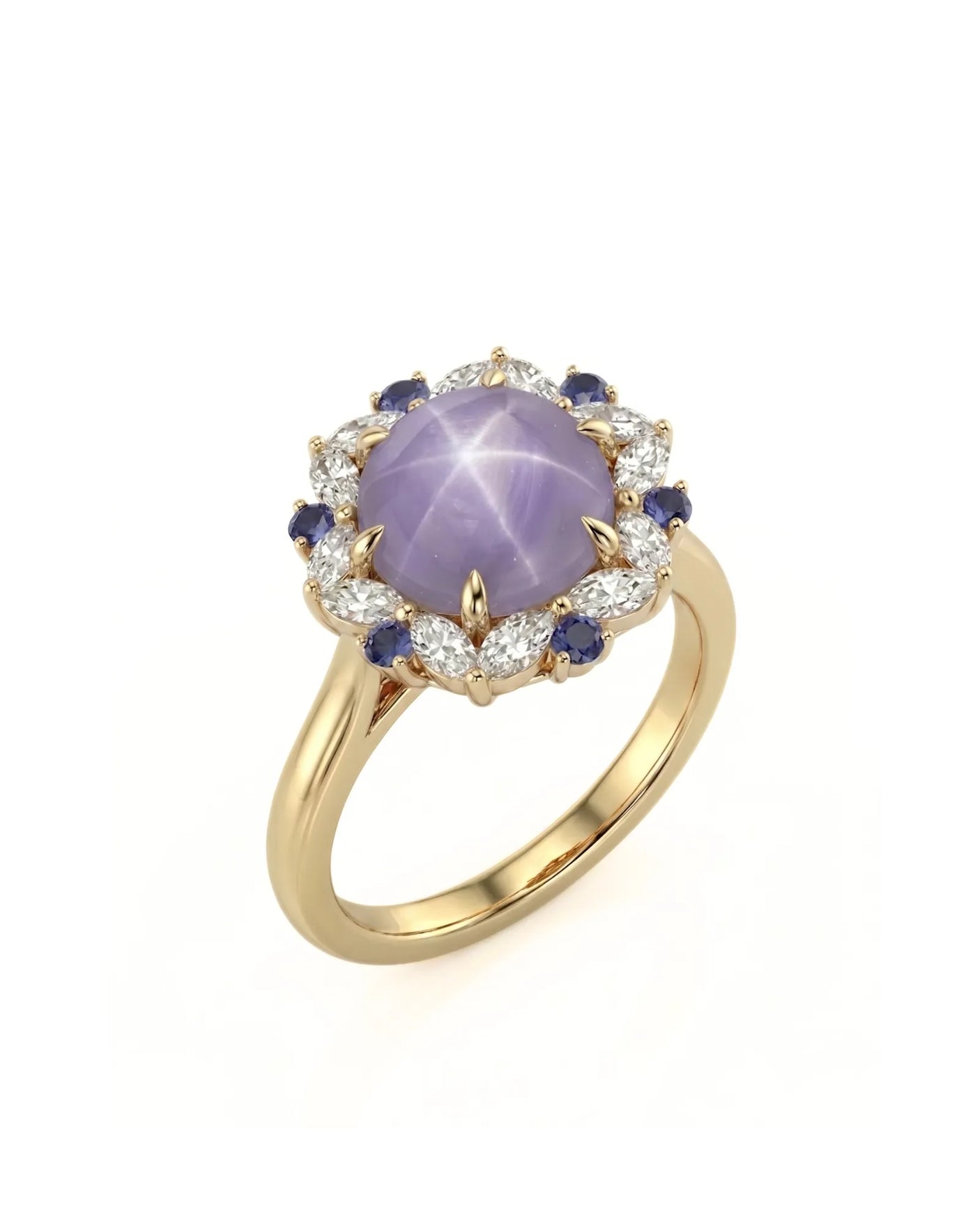Purple star sapphire ring with marquise diamond halo in 18K yellow gold | SARATTI