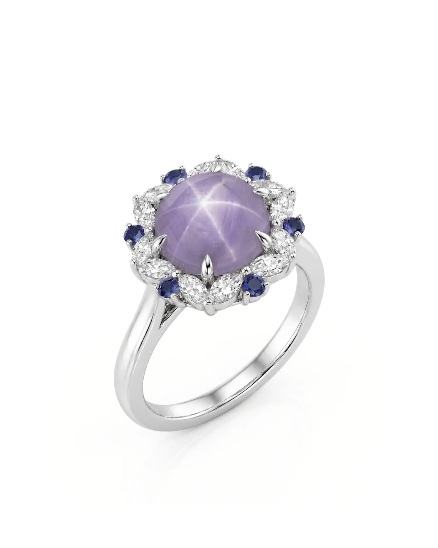 Purple star sapphire ring with marquise diamond halo in polished platinum | SARATTI