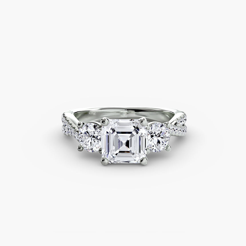 Asscher cut three stone pavé engagement ring setting white gold | SARATTI
