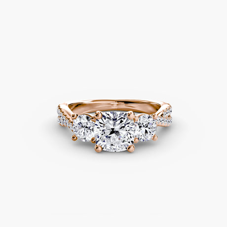 TRILOGIA – Cushion Cut Pavé Three-Stone Ring Setting – Rose metal view | SARATTI