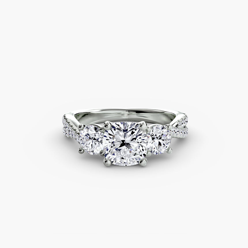 Cushion cut three stone pavé engagement ring setting white gold | SARATTI