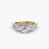Cushion cut three stone pavé engagement ring setting yellow gold | SARATTI