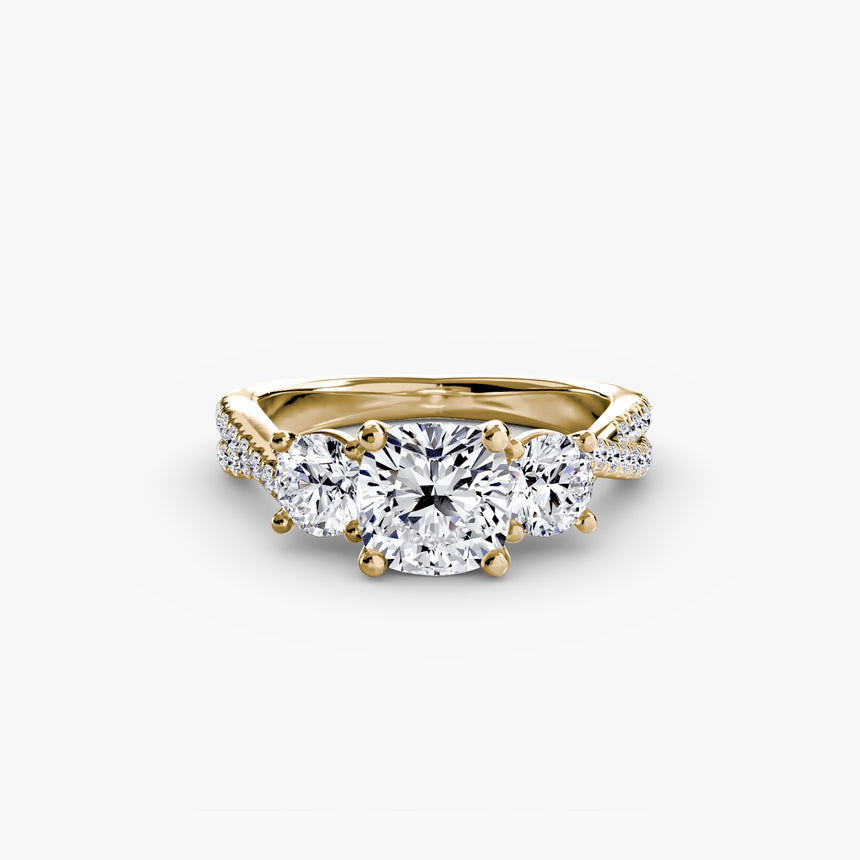 Cushion cut three stone pavé engagement ring setting yellow gold | SARATTI