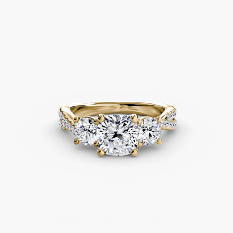 TRILOGIA – Cushion Cut Pavé Three-Stone Ring Setting – Yellow metal view | SARATTI