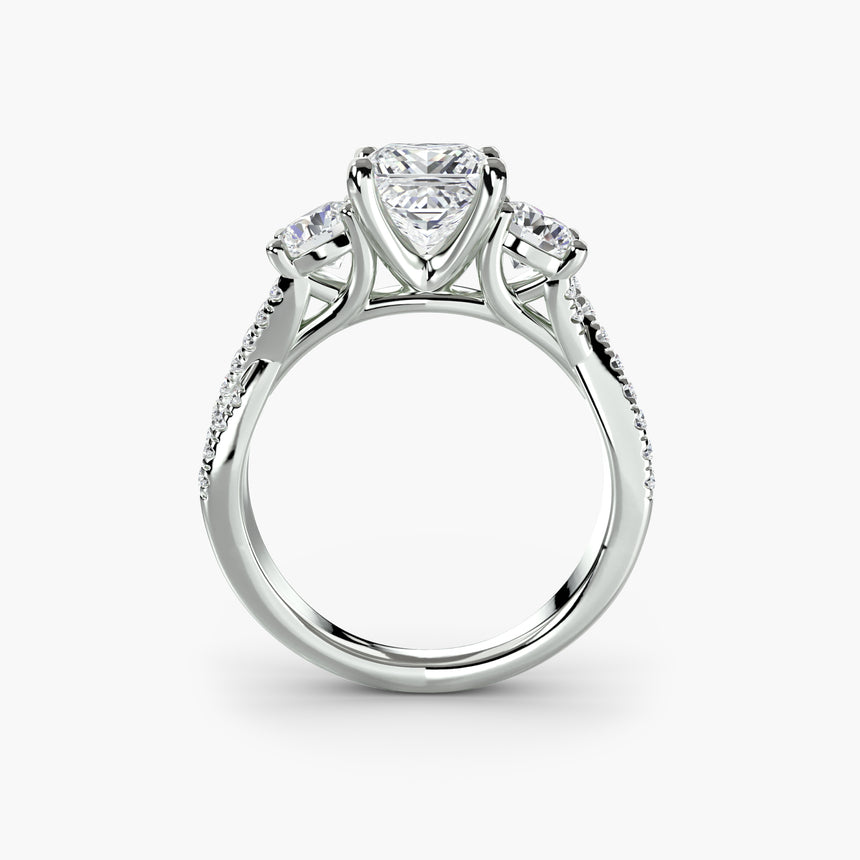 Three stone pavé engagement ring setting in white gold side profile | SARATTI