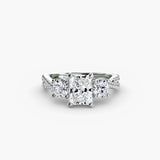 Radiant cut three stone pavé engagement ring setting white gold | SARATTI